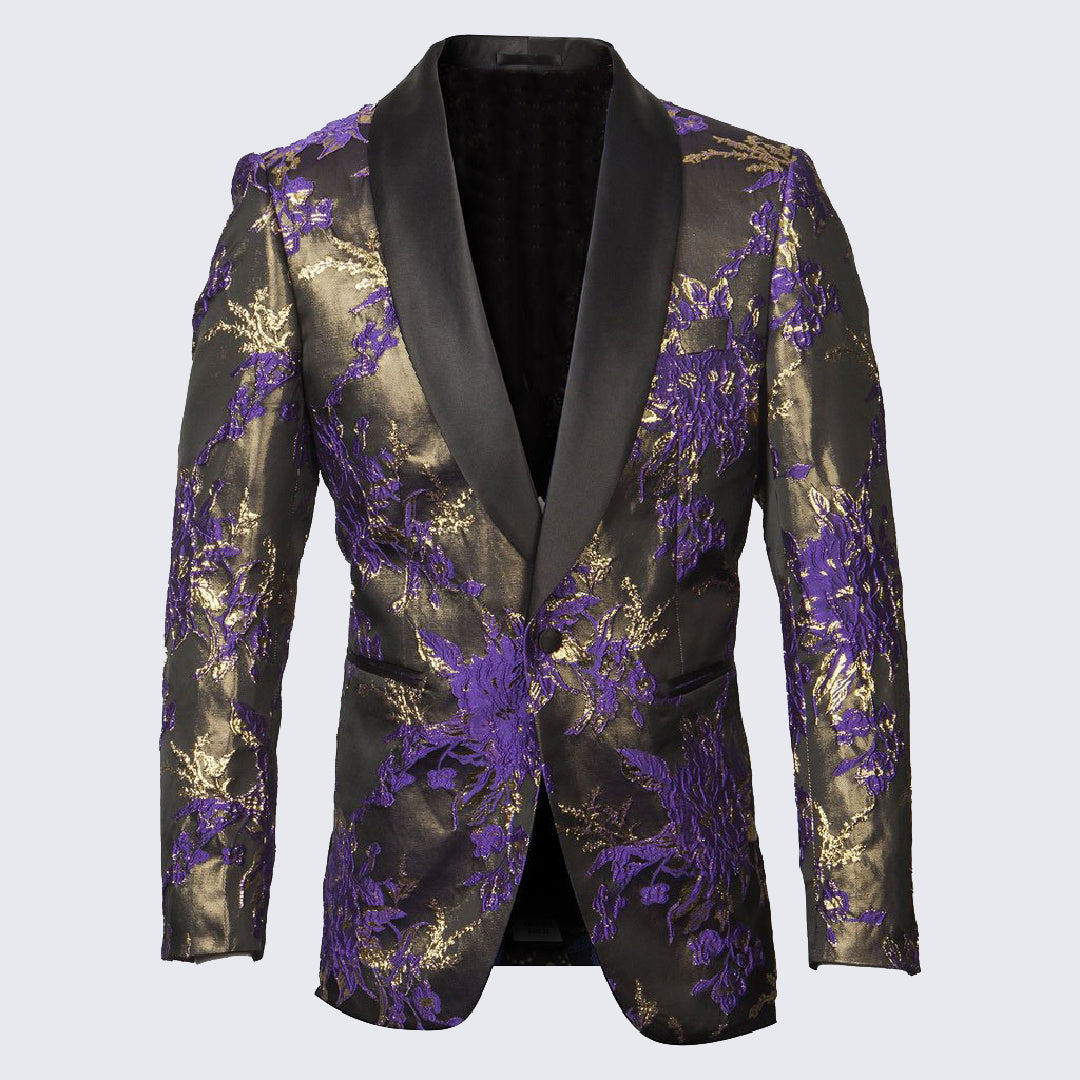 Mens Gold & Purple Paisley Prom Tuxedo Smoking Jacket Blazer, 7X-Large (62) / Purple