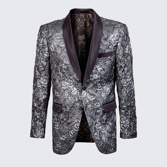 Silver Floral Tuxedo Jacket Slim Fit with Shawl Lapel- Wedding - Prom