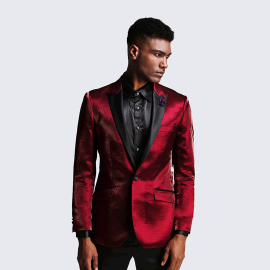 Burgundy Shiny Slim Fit Tuxedo Jacket with Peak Lapel – Wedding & Prom