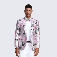 Pink Black and Silver Floral Tuxedo Jacket Slim Fit - Wedding - Prom