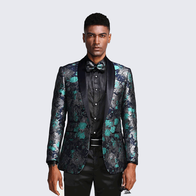 Turquoise Floral Tuxedo Jacket with Shawl Lapel  Slim Fit – Wedding & Prom