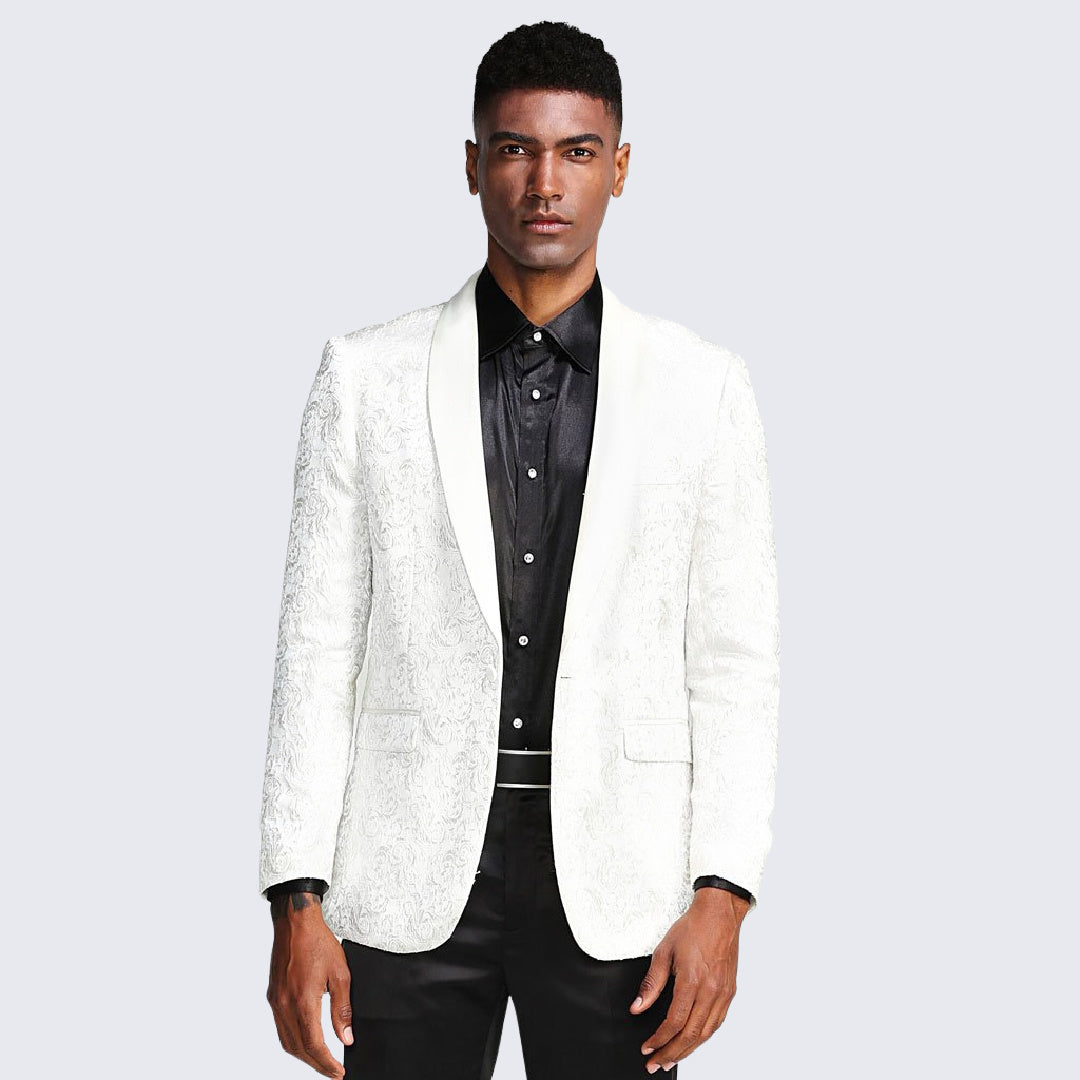 Men'S Shiny White ~ Silver Fashion Paisley Look Black Lapel Tuxedo Sport Jacket main image 1