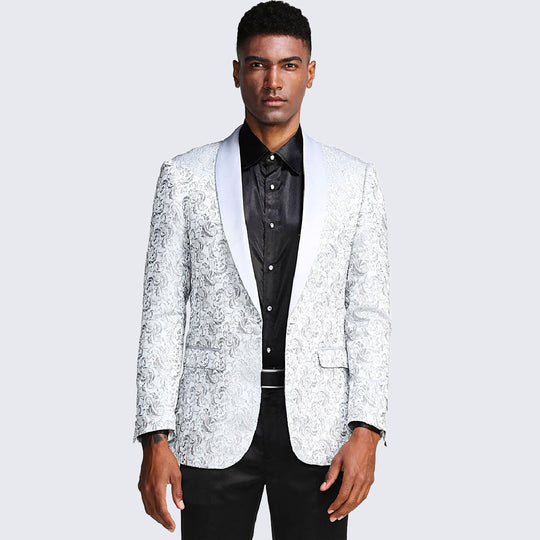 Silver Paisley Tuxedo Jacket with Shawl Lapel – Slim Fit