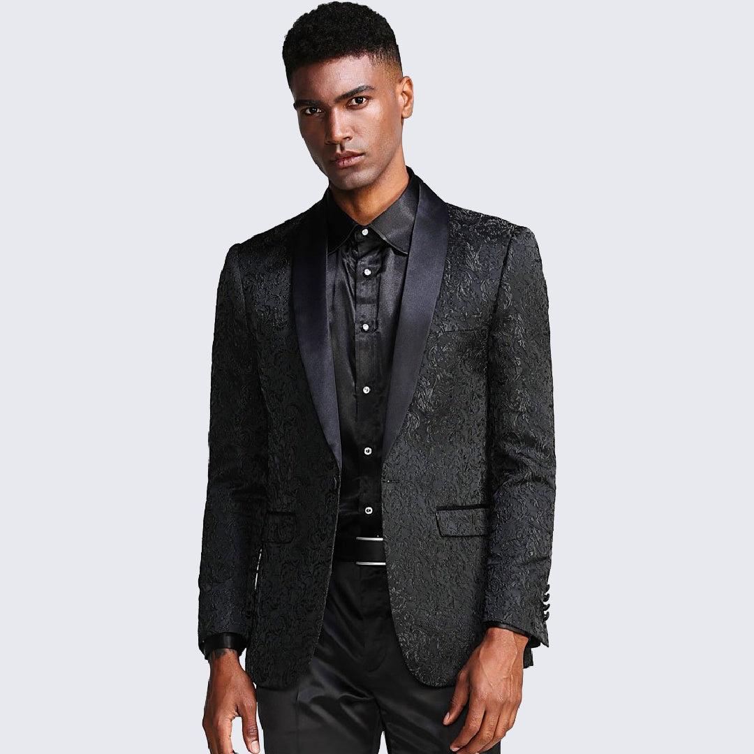 Black Tuxedo Jacket Paisley Pattern Slim Fit - Wedding - Prom 