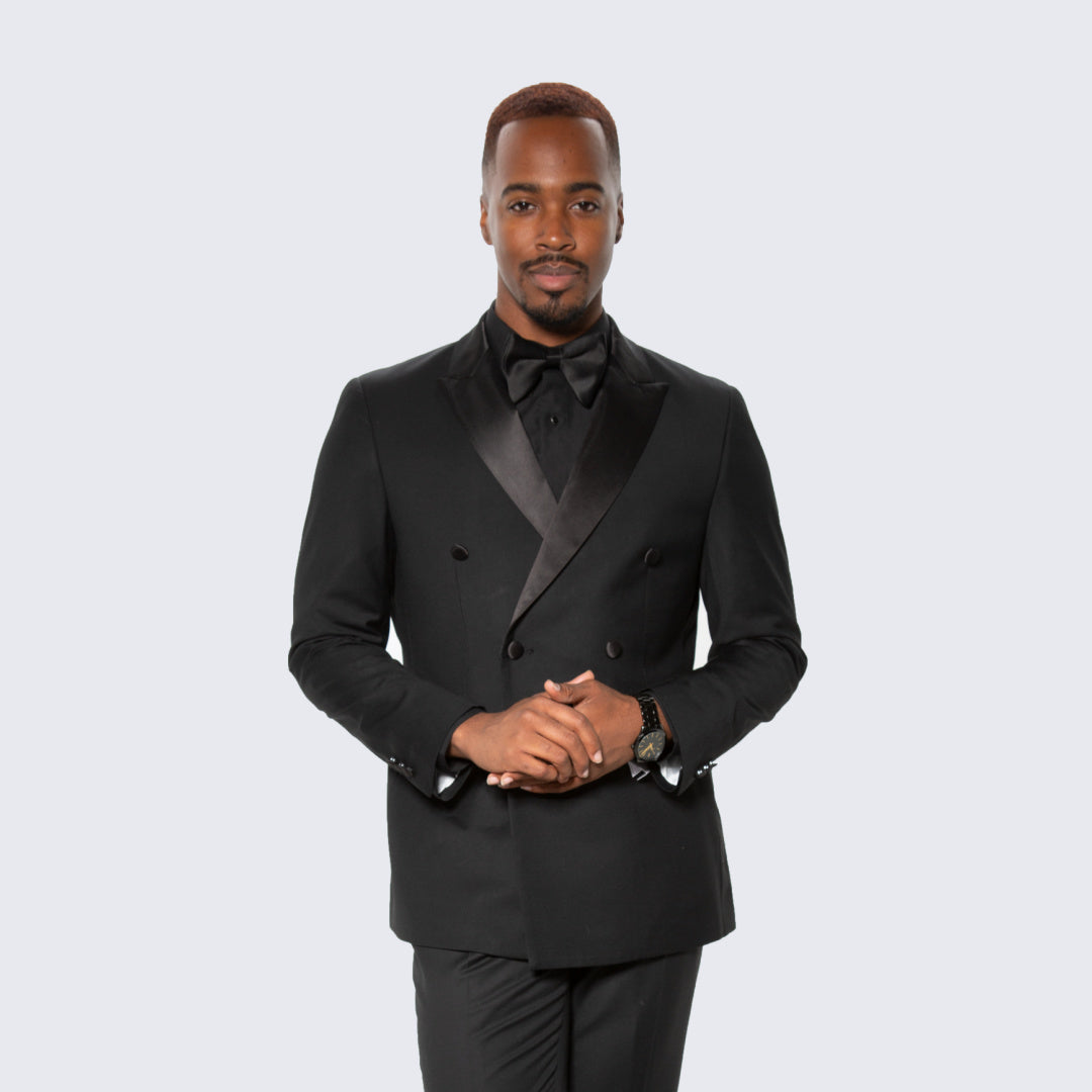 Double Breasted Slim Fit Tuxedo Black Peak Lapel Wedding Prom