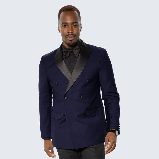 Navy Blue Double Breasted Slim Fit Tuxedo with Black Peak Lapel – Wedding & Prom