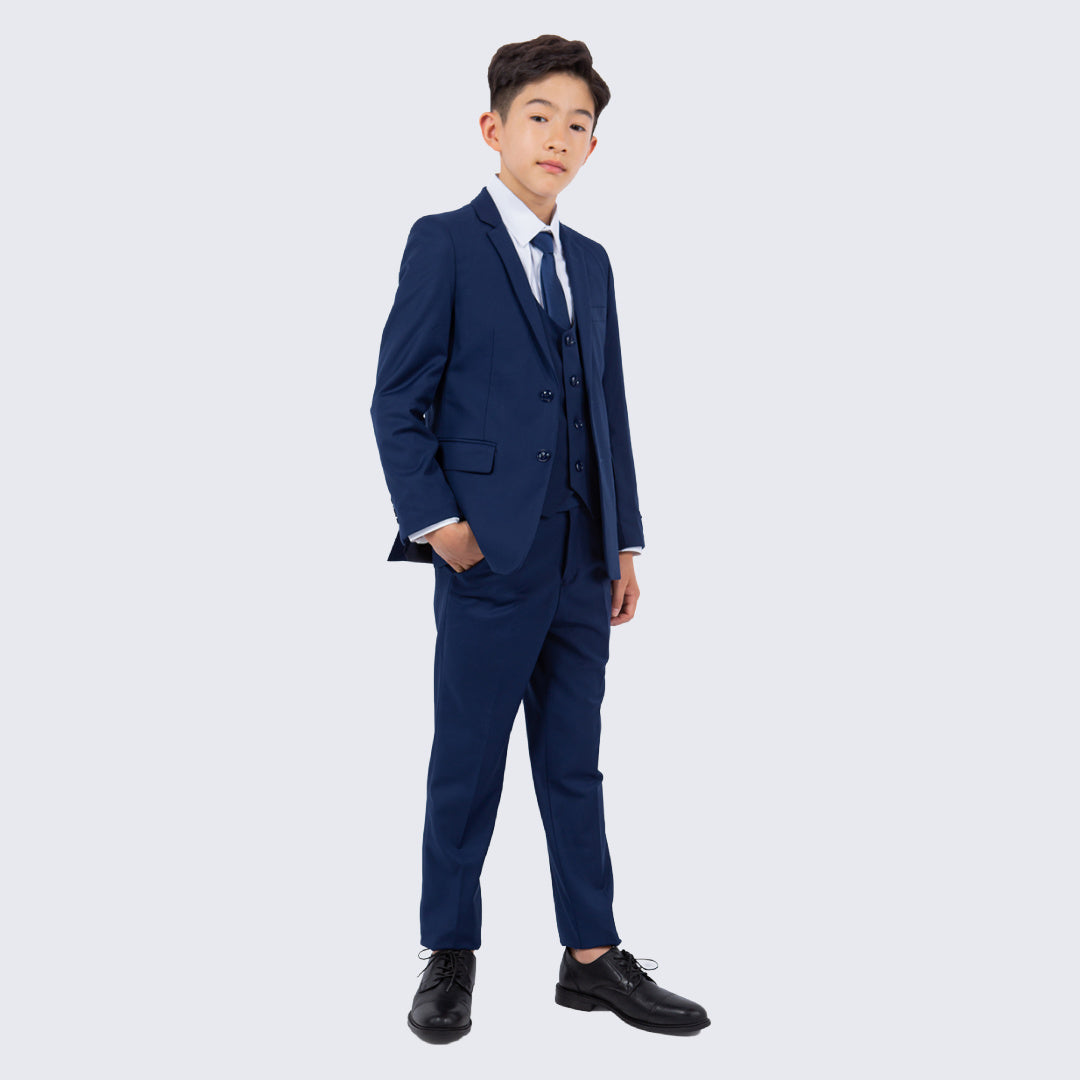 Boys Cobalt Blue Suit 5 Piece Set by Perry Ellis for Kids Teen Children Wedding Perfect Tux