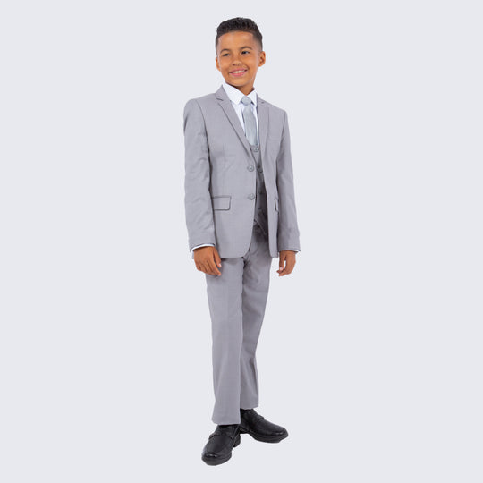 Boys Light Gray 5-Piece Suit Set – Wedding & Ring Bearer