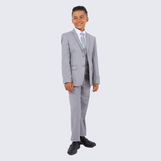 Boys Light Gray 5-Piece Suit Set – Slim Fit Wedding & Ring Bearer