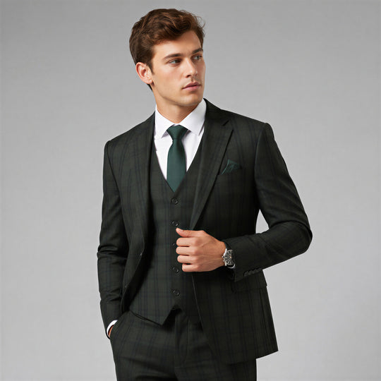 Green Watch Plaid Three-Piece Suit with Notch Lapel – Wedding & Prom