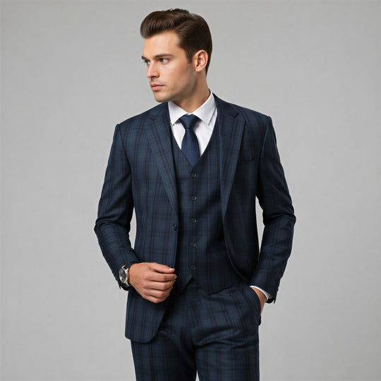 Navy Blue Watch Plaid Three-Piece Suit with Notch Lapel – Wedding & Prom