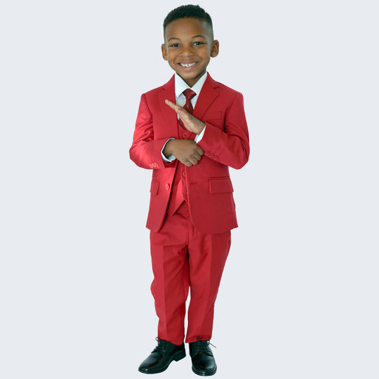 Boys Red 5-Piece Slim Fit Suit – Wedding & Ring Bearer