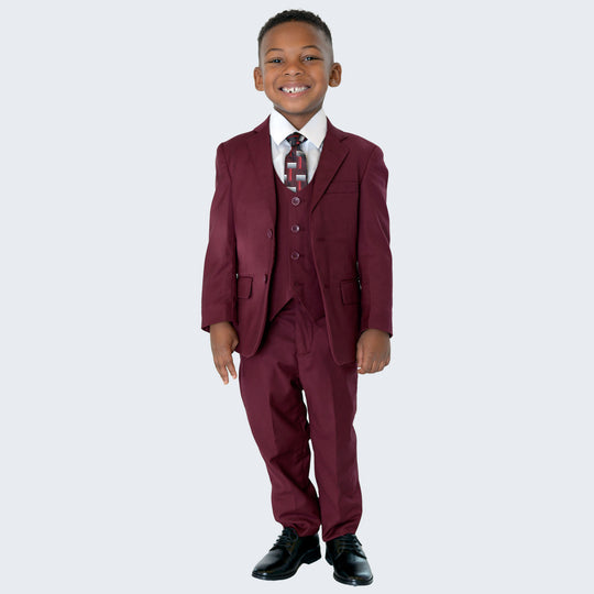 Boys Burgundy Slim Fit 5-Piece Suit – Wedding & Ring Bearer