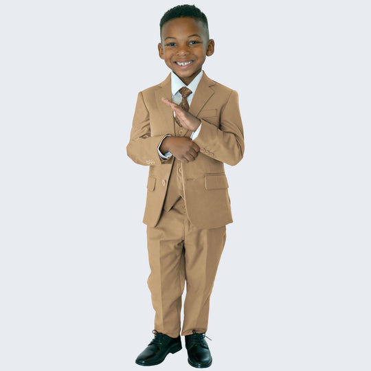 Boys Mid Tan 5-Piece Slim Fit Suit – Wedding & Ring Bearer