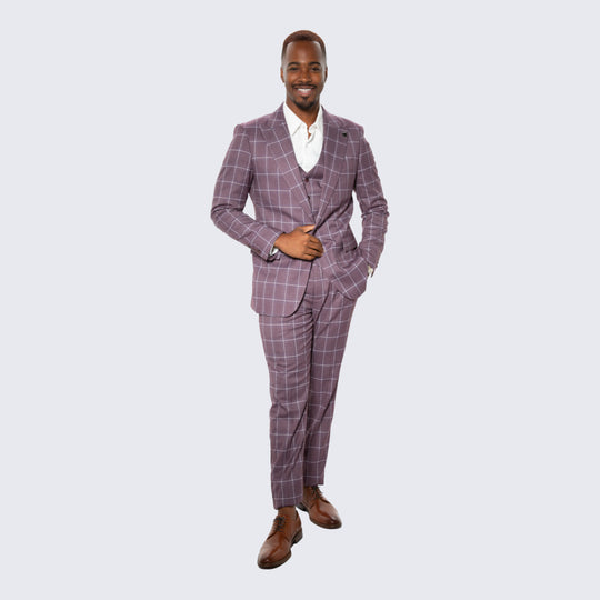 Lilac Windowpane 3-Piece Suit with Peak Lapel – Wedding & Prom