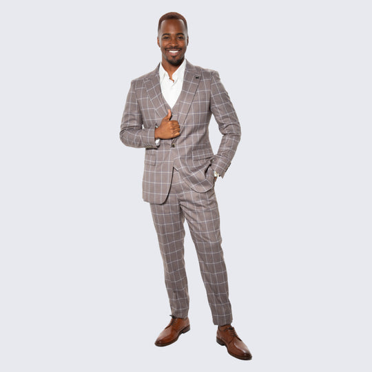 Brown Windowpane 3-Piece Suit with Peak Lapel – Wedding & Prom
