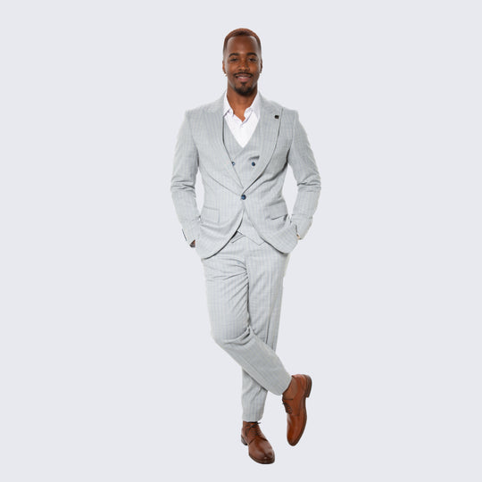 Light Grey Pinstripe 3-Piece Suit with Peak Lapel - Wedding & Prom