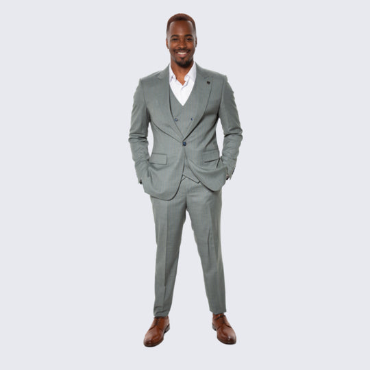 Dark Green Pinstripe Three Piece Suit with Peak Lapel – Wedding & Prom
