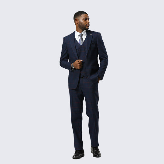 Navy Windowpane Three-Piece Suit with Peak Lapel – Wedding & Prom