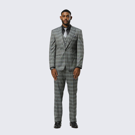 Grey Glen Check Three-Piece Suit with Peak Lapel – Wedding & Prom