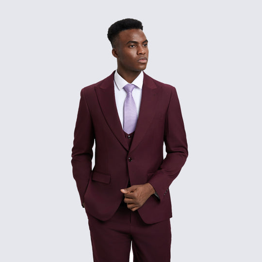 Burgundy Slim Fit 3-Piece Suit with Large Peak Lapel – Wedding & Prom