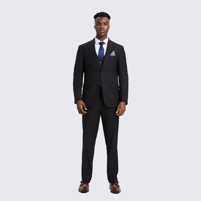 Black 3-Piece Suit with Large Notch Lapel – Wedding & Prom