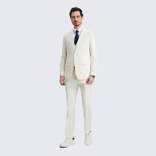 Ivory 3-Piece Suit with Large Notch Lapel – Wedding & Prom