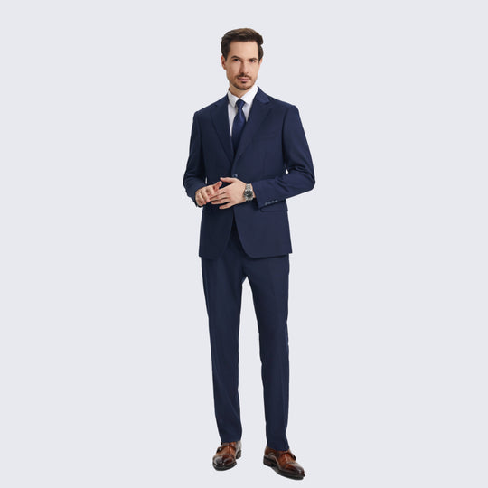 Navy Blue 3-Piece Suit with Large Notch Lapel – Wedding & Prom