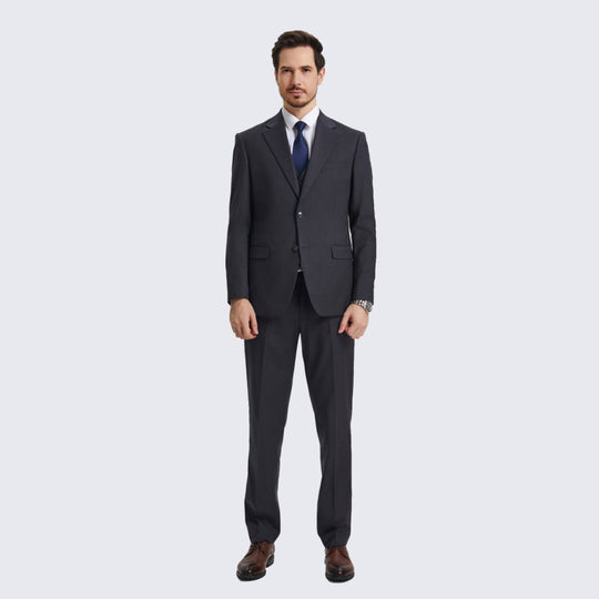 Charcoal 3-Piece Suit with Large Notch Lapel – Wedding & Prom