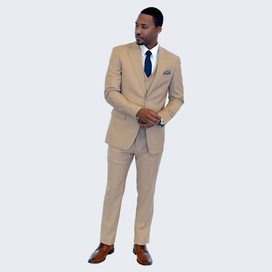Tan 3-Piece Suit with Large Notch Lapel – Wedding & Prom
