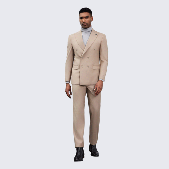 Men’s Double Breasted Tan Suit with Peak Lapel – Wedding & Prom