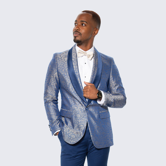 Blue Floral Brocade Tuxedo Jacket with Shawl Lapel – Wedding & Prom