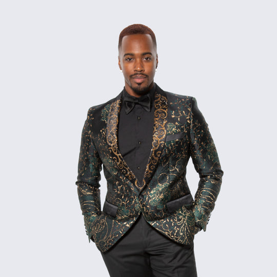 Dark Green & Gold Floral Tuxedo Jacket with Shawl Lapel – Wedding & Prom