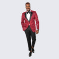 groom wearing red floral tuxedo jacket with satin lapel at wedding 