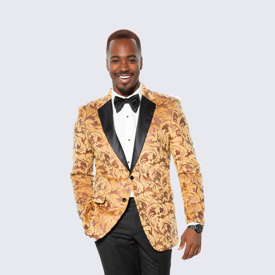 Gold Floral Baroque Brocade Tuxedo Jacket with Satin Lapel – Wedding & Prom