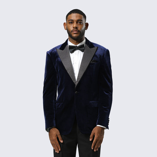 Navy Velvet Tuxedo Jacket with Rhinestone Peak Lapel – Wedding & Prom