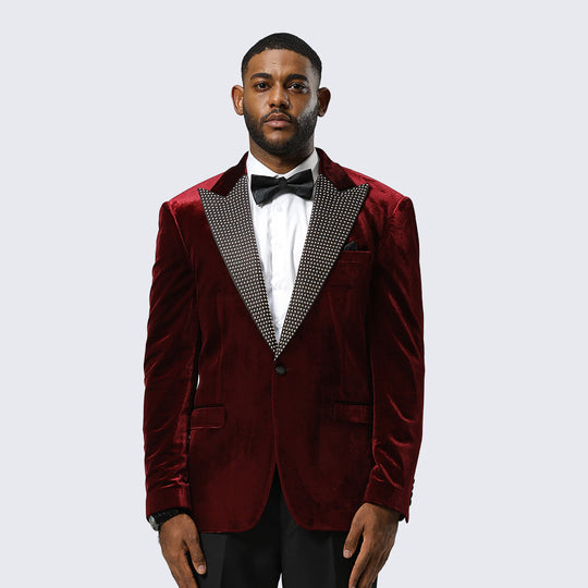 Burgundy Velvet Tuxedo Jacket with Rhinestone Peak Lapel – Wedding & Prom