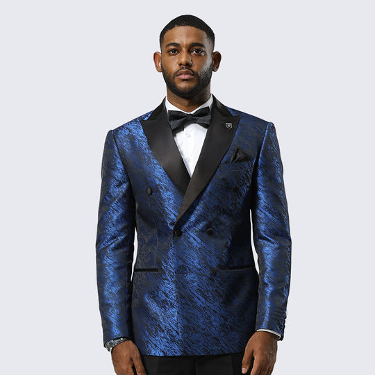 Royal Blue Jacquard Double-Breasted Tuxedo Jacket with Black Satin Peak Lapel – Wedding & Prom