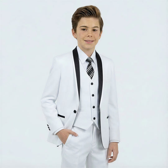 Boys White Tuxedo with Black Lapel – 5-Piece Set