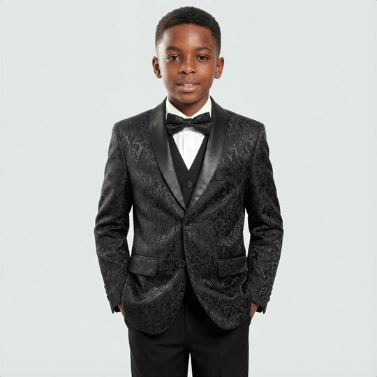Boys Black Pattern Tuxedo 5-Piece Set – Wedding & Ring Bearer