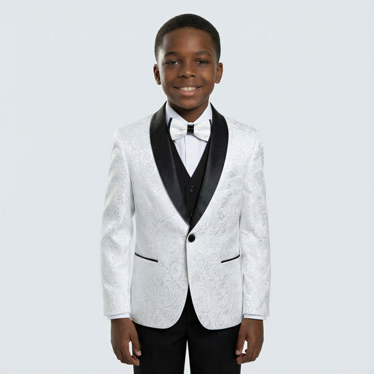 Boys White Pattern Tuxedo 5-Piece Set – Wedding & Ring Bearer