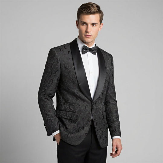 Black Floral Jacquard Classic Fit Tuxedo Jacket