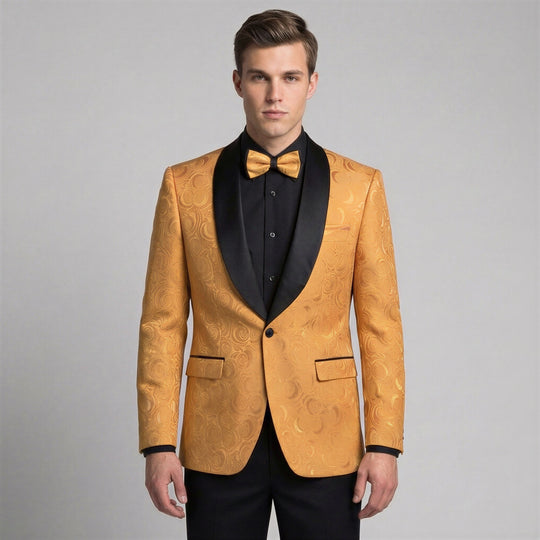 Gold Floral Jacquard Classic Fit Tuxedo Jacket