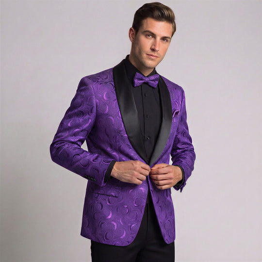 Purple Floral Jacquard Classic Fit Tuxedo Jacket