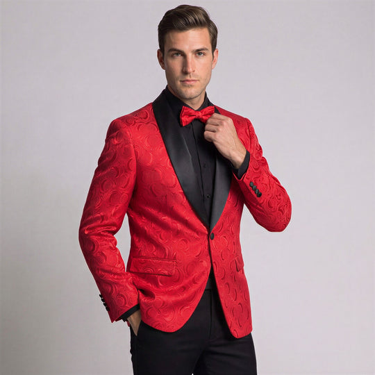 Red Floral Jacquard Classic Fit Tuxedo Jacket