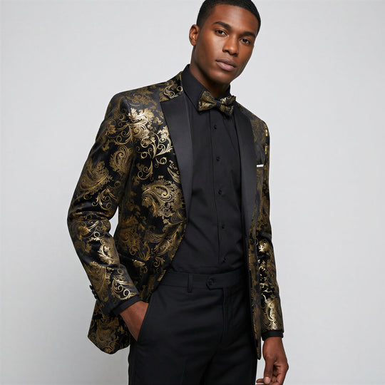 Gold & Black Floral Modern Fit Velvet Tuxedo Jacket