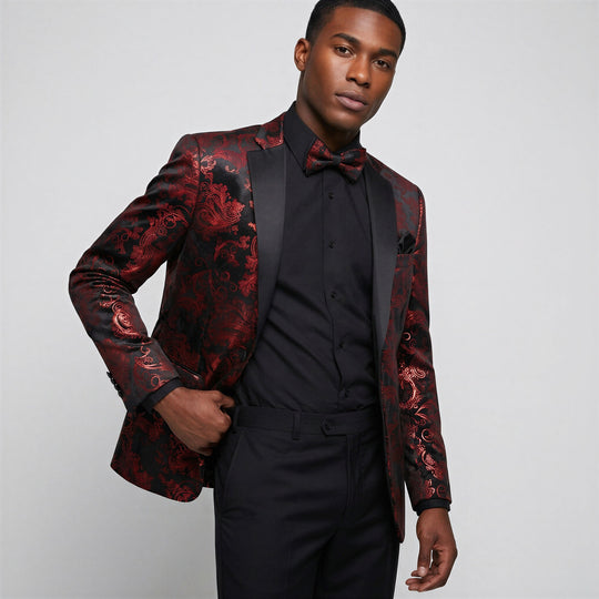 Red Floral Modern Fit Velvet Tuxedo Jacket