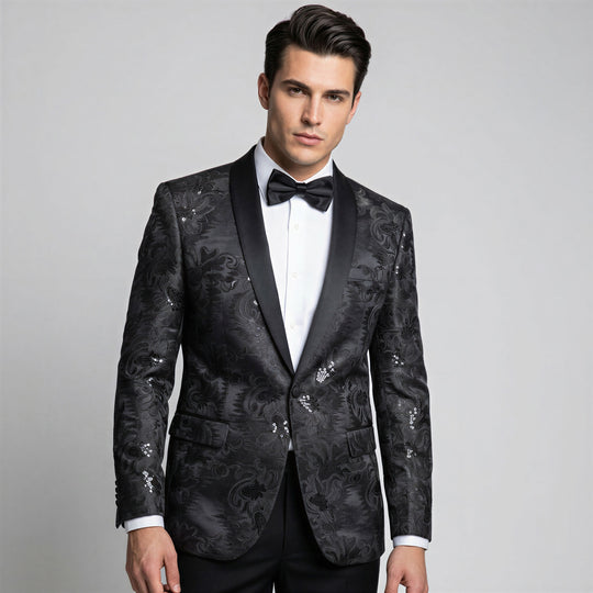 Black Embroidered Slim Fit Shawl Tuxedo Jacket