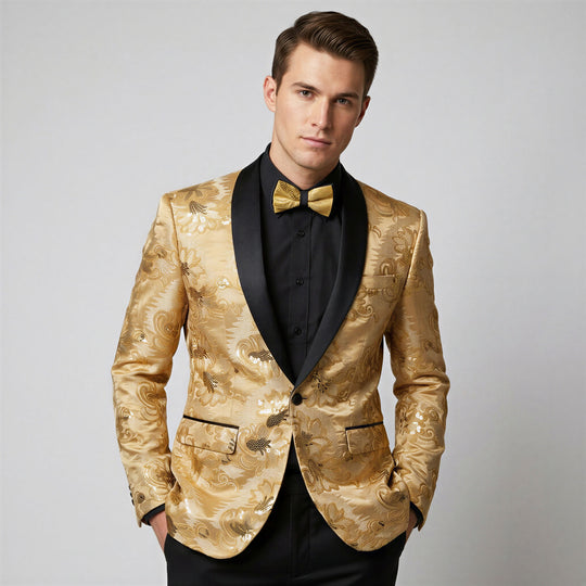 Champagne Embroidered Slim Fit Shawl Tuxedo Jacket