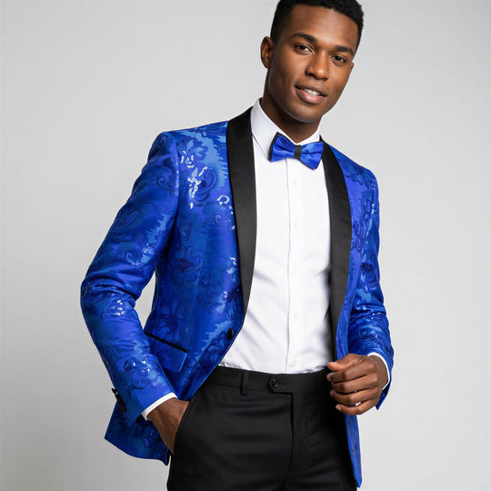 Royal Blue Embroidered Slim Fit Shawl Tuxedo Jacket